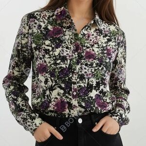 J Jill Shirt Women's Large White Black Purple Floral Button Up Top Colorful